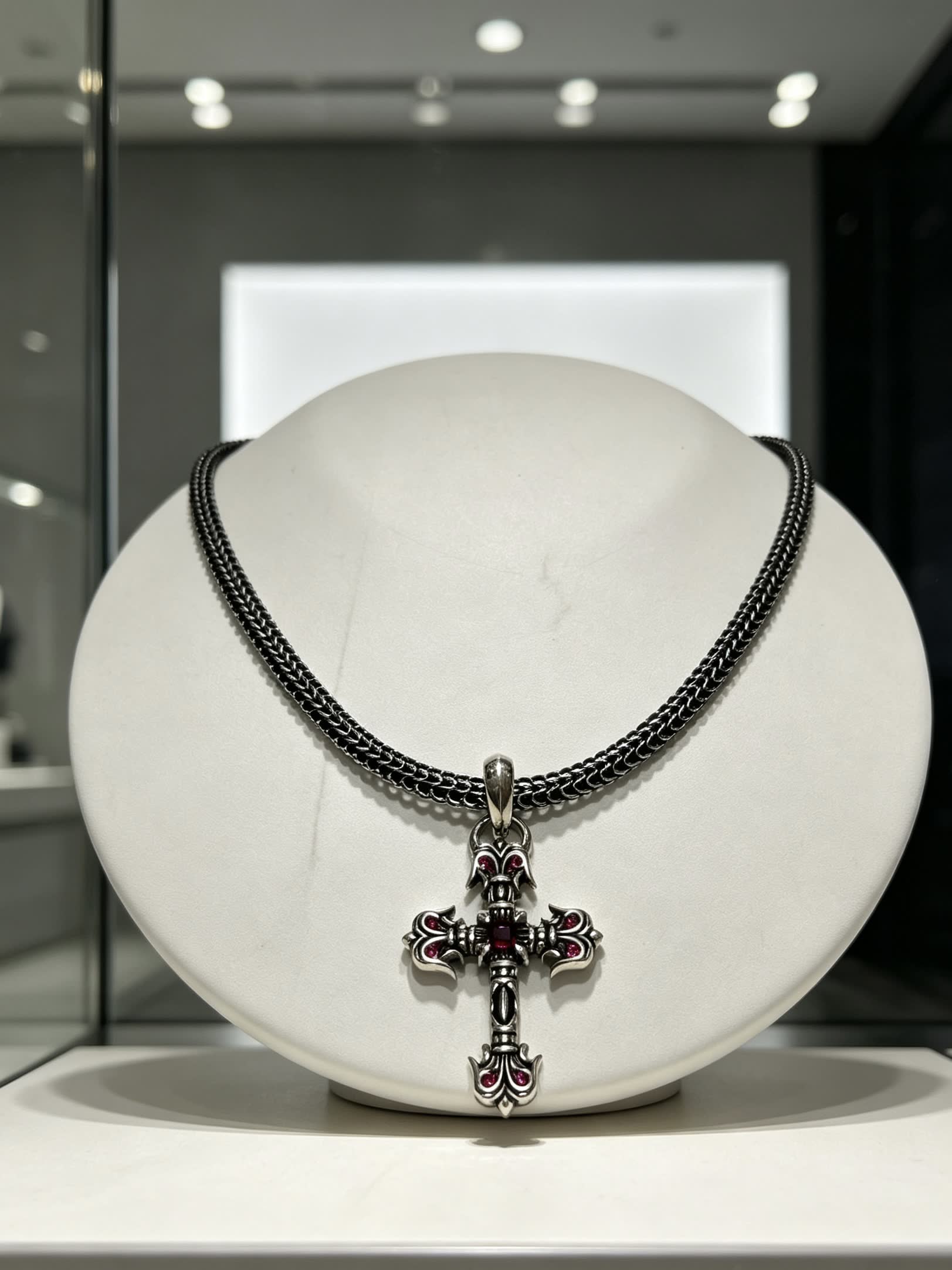 Chrome Hearts Silver Cross Pendant with Pink Stones